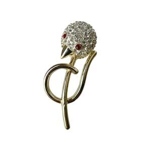 1980s Gold Plate Pavé White & Red Rhinestones Modernist Bird Pin Brooch